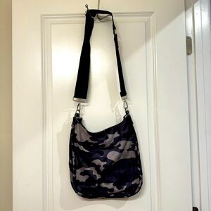 Ah-Dorned Black & Gray Camo Vegan Suede‎ Zip Top Crossbody Bag with Guitar Strap
